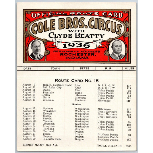 1936 Cole Bros with Clyde Beatty Circus Route Card UT MT WA OR