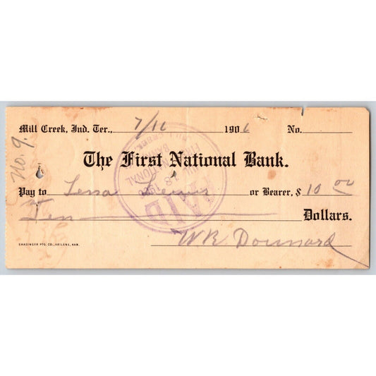 Mill Creek, Oklahoma Indian Territory 1906 FNB Bank Check Scarce