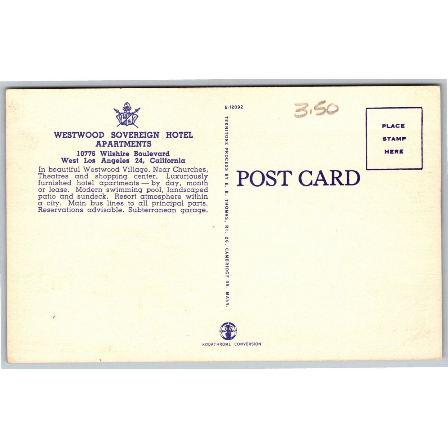 Los Angeles Westwood Sovereign Hotel Linen Postcard c1940's-50's VGC