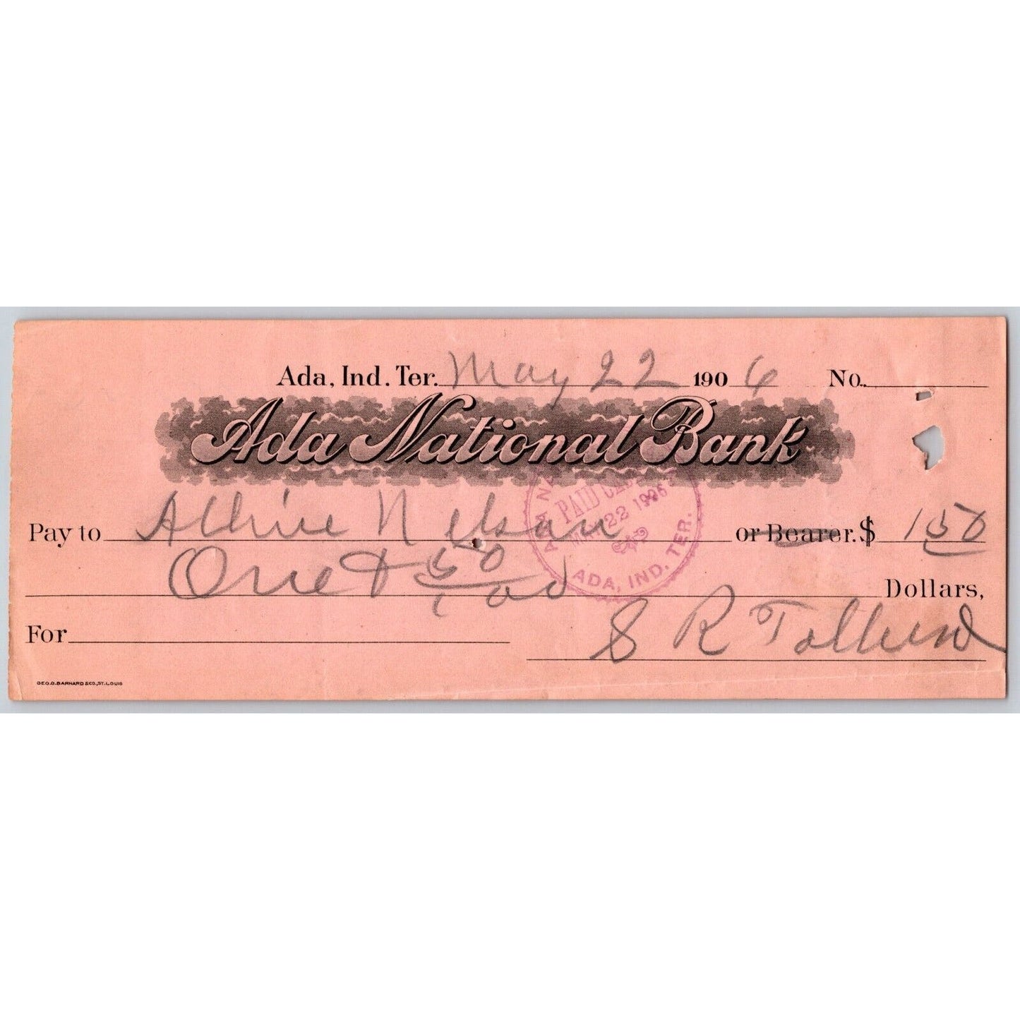 Ada, Oklahoma 1906 Indian Territory Ada National Bank Check - Scarce