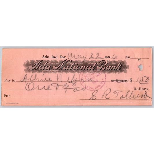 Ada, Oklahoma 1906 Indian Territory Ada National Bank Check - Scarce