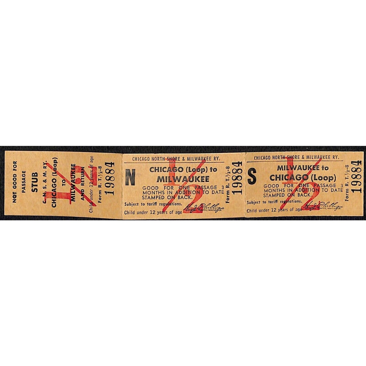 Chicago North Shore & Milwaukee RY Ticket w/ Stub c1950's Loop 1/2 Fare #19884