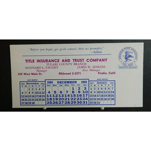 1960 Ink Blotter Advertising - Title Insurance & Trust - Visalia Calif