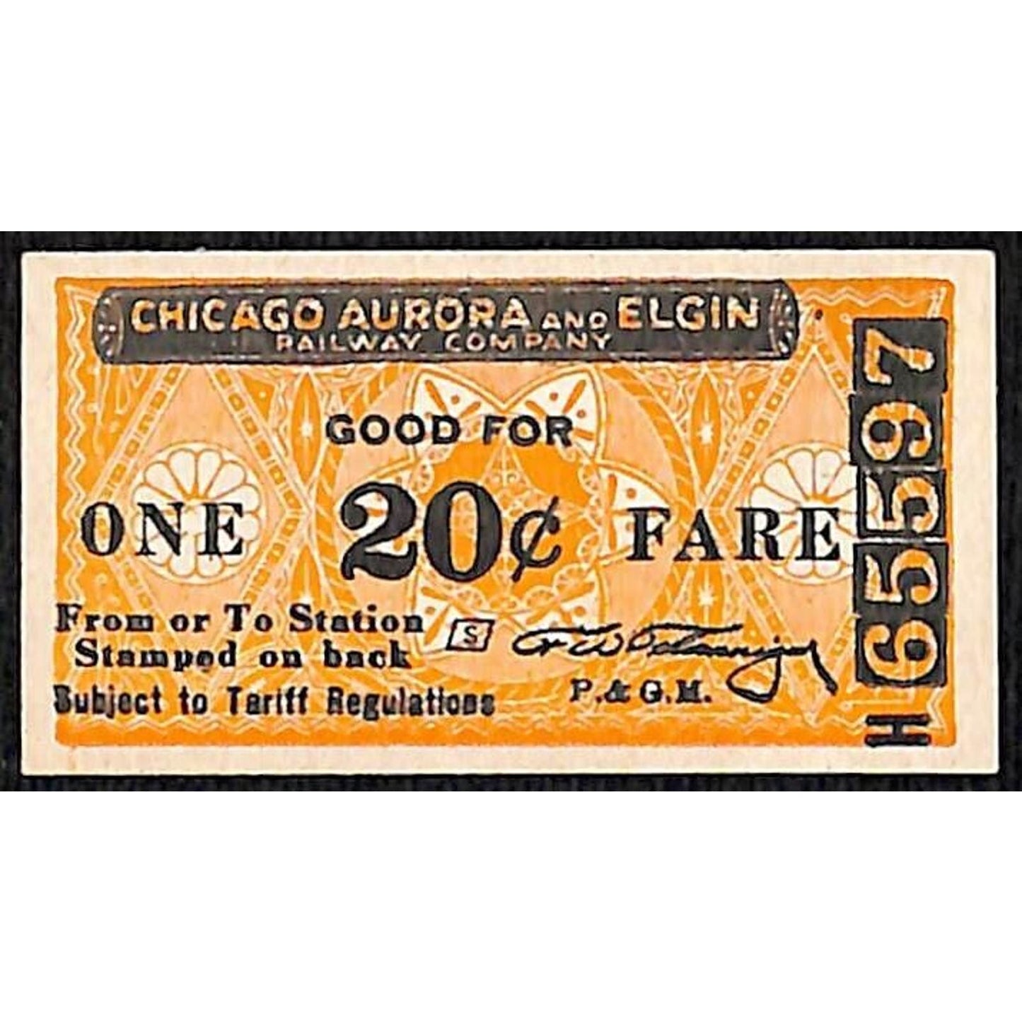 Chicago Aurora and Elgin RY (1902-57) Ticket CA&E G/F 20¢ Fare #65597