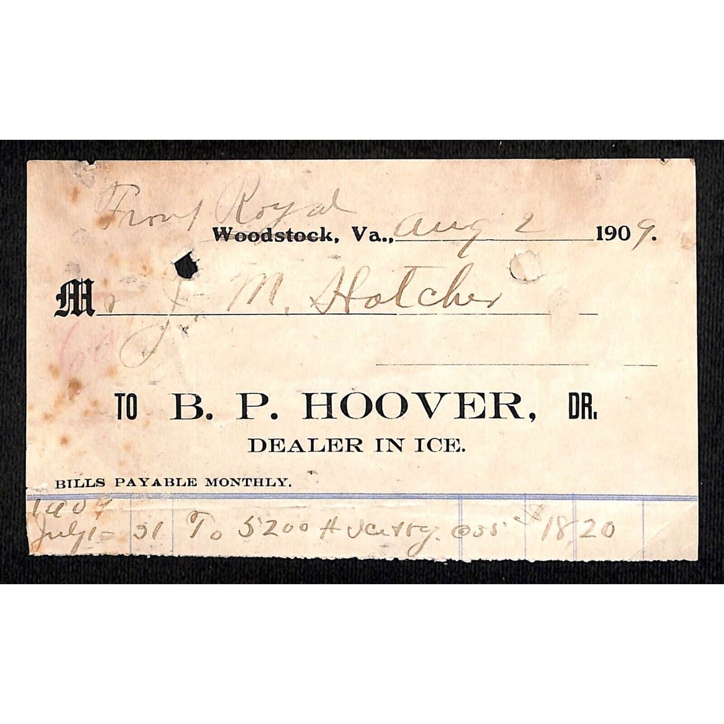 Woodstock, VT B.P. Hoover "Dealer In Ice" 1909 Billhead Receipt / Statement