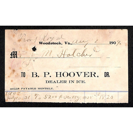 Woodstock, VT B.P. Hoover "Dealer In Ice" 1909 Billhead Receipt / Statement