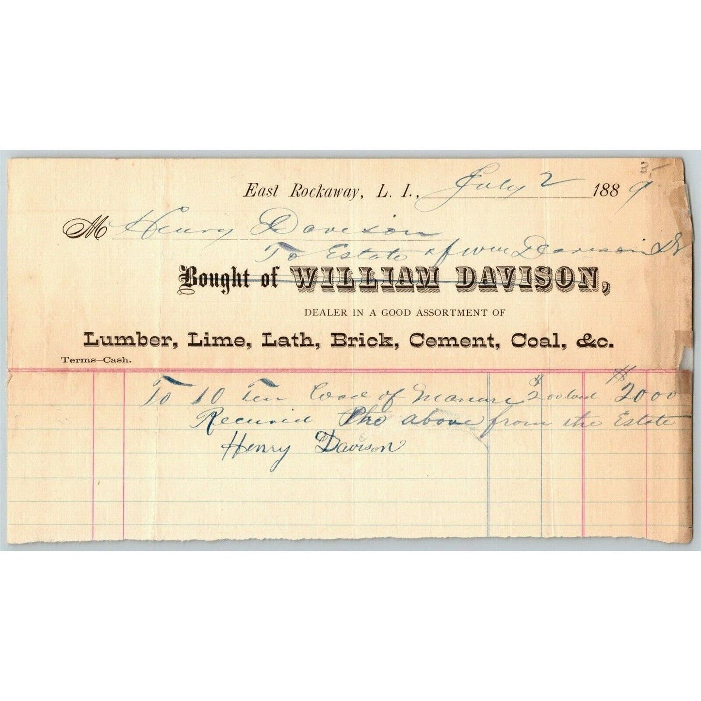 East Rockaway, L.I. NY Billhead Letterhead 1889 William Davison Lumber Cement