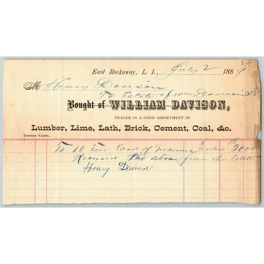 East Rockaway, L.I. NY Billhead Letterhead 1889 William Davison Lumber Cement