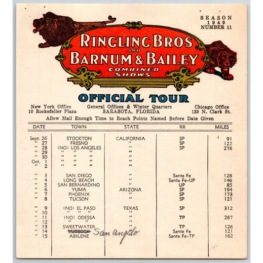 1949 Ringling Bros Barnum Bailey Circus Route Card Los Angeles Long Beach Yuma