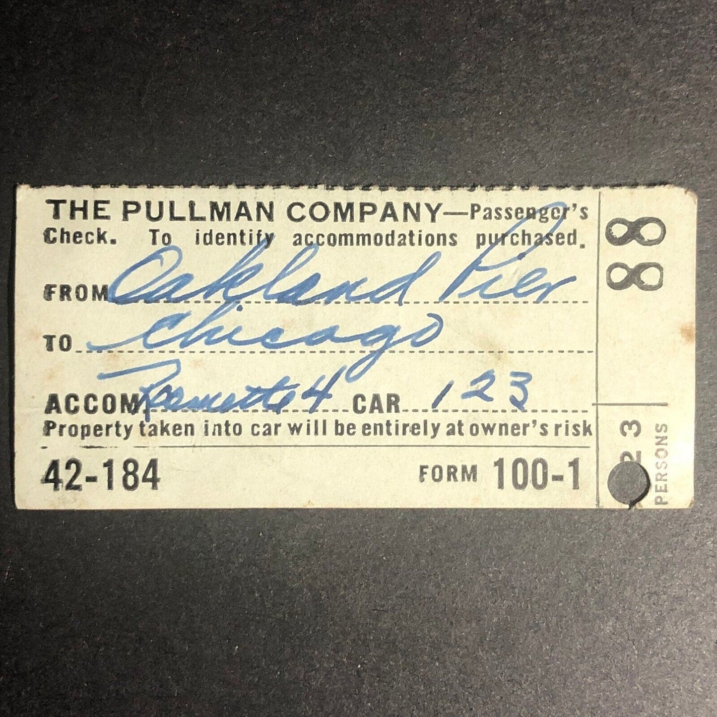 Pullman Company Passenger Check 1941 Oakland Pier to Chicago / Ticket Stub