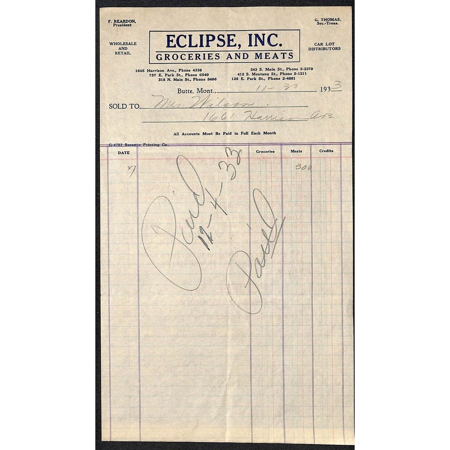Eclipse Groceries and Meats Butte Montana 1933 Billhead Letterhead Wilson Drug