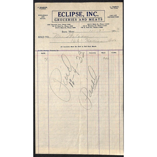 Eclipse Groceries and Meats Butte Montana 1933 Billhead Letterhead Wilson Drug