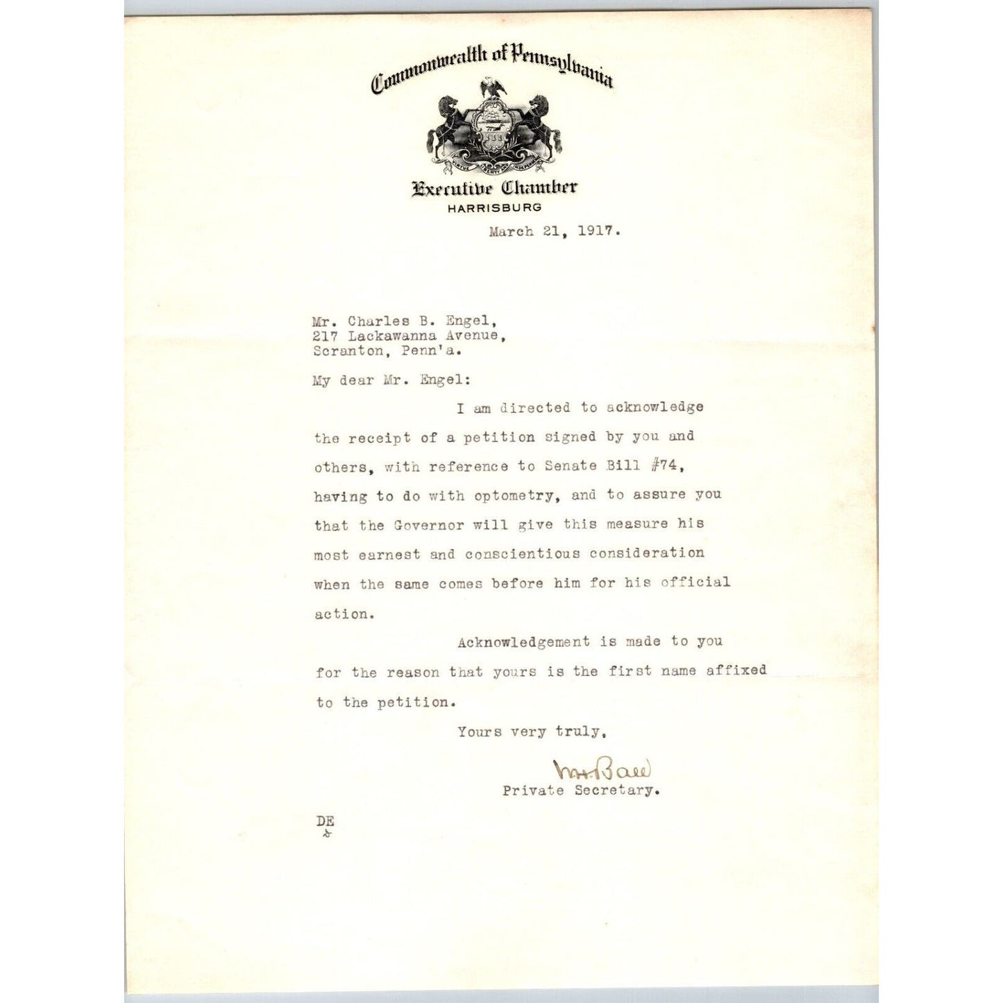 1917 Commonwealth of Pennsylvania Executive Chamber "Engel" Letterhead Petition