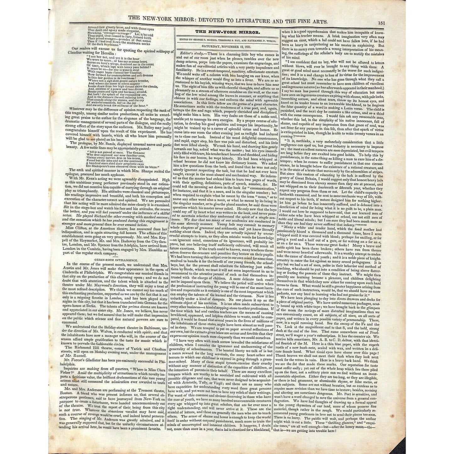 New-York Mirror Weekly Journal Literature Fine Arts Newspaper - Nov 12 1831 8pp