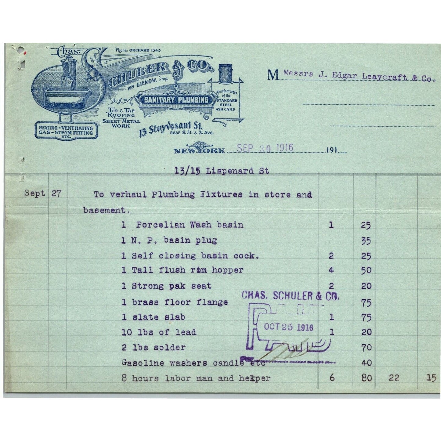 1916 "Schuler & Co." Sanitary Plumbing Billhead Letterhead Stuyvesant St NYC
