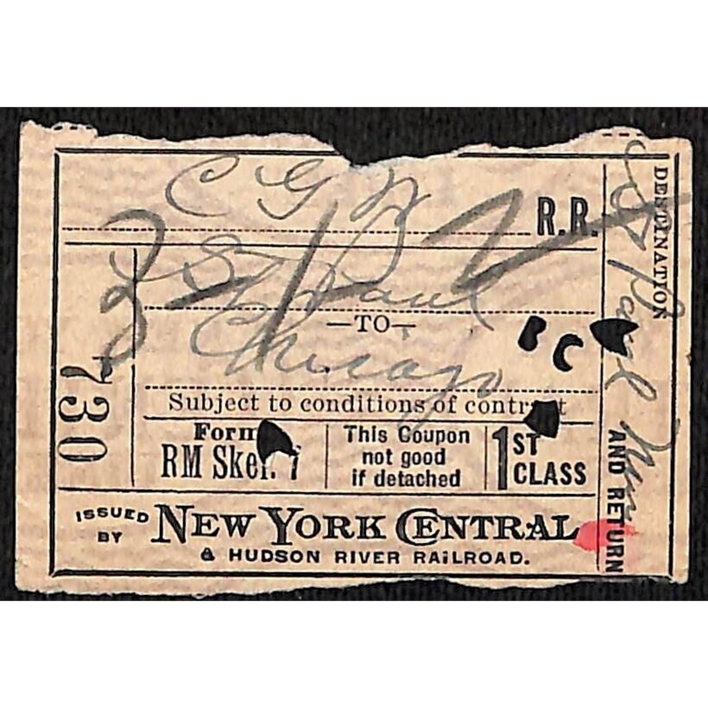 New York Central Railroad 1915 Ticket St. Paul to Chicago #730