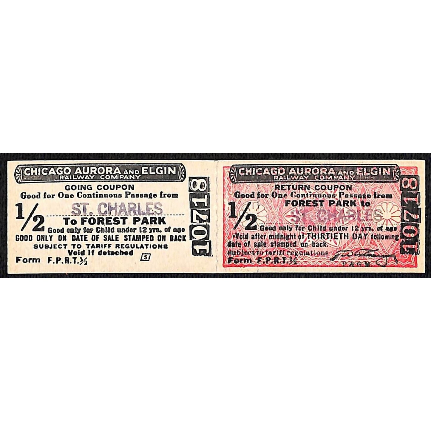 Chicago Aurora and Elgin 1902-57 2-way Attached Tickets Forest Park St. Charles