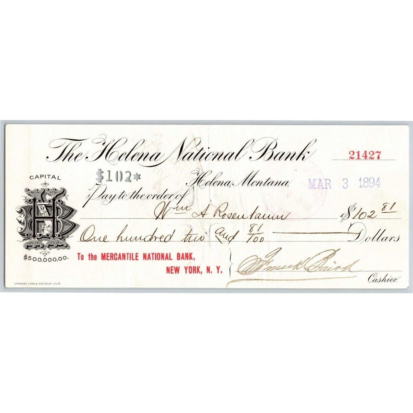 Helena National Bank Montana / Mercantile Bank NY 1894 - VGC