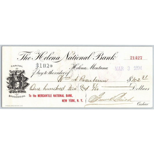 Helena National Bank Montana / Mercantile Bank NY 1894 - VGC