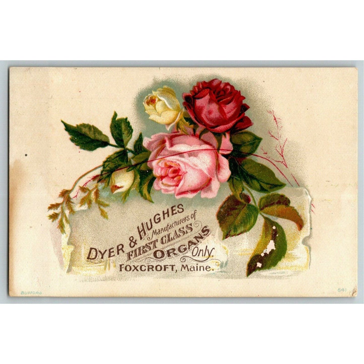 Victorian Trade Card Dyer & Hughes Organs - Foxcroft, Maine - Roses
