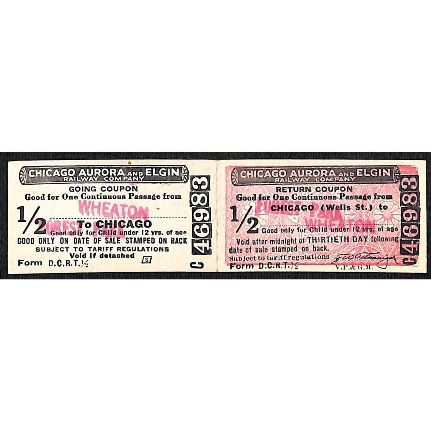 Chicago Aurora and Elgin 1902-57 2-way Attached Tickets Wheaton Forest Park
