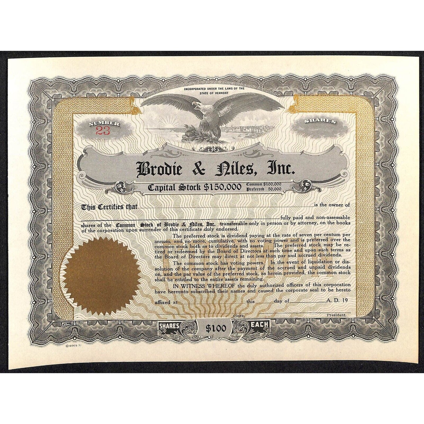 Burlington, VT Brodie & Niles (Automobiles) Unissued Stock Certificate -Scarce