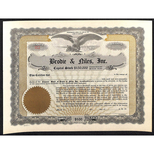 Burlington, VT Brodie & Niles (Automobiles) Unissued Stock Certificate -Scarce