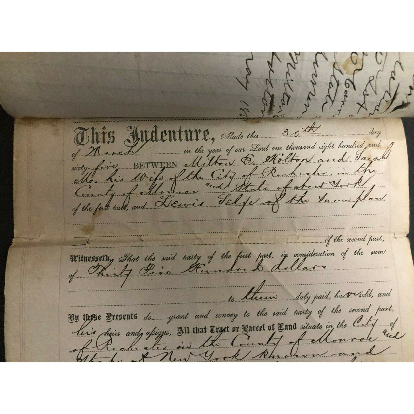 1865 Rochester New York Property Warranty Deed - Milton & Sarah Holton