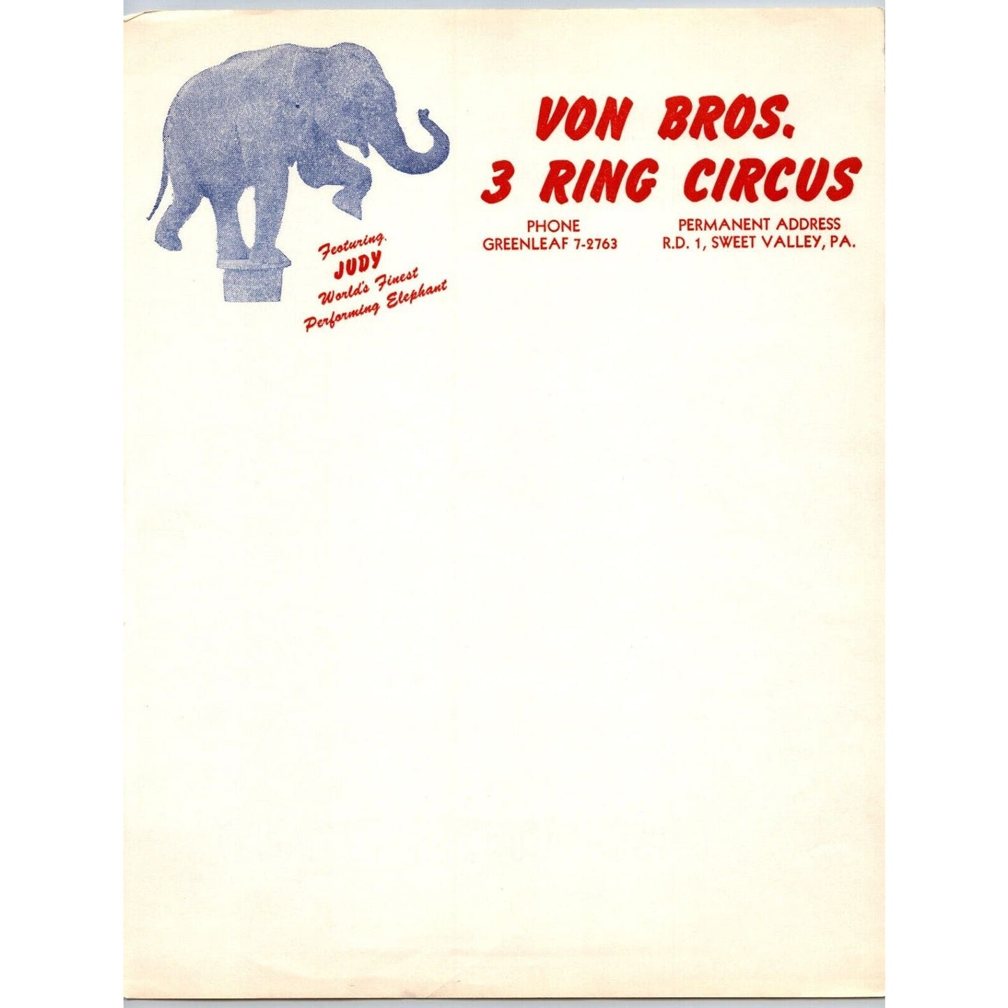 Von Bros. 3 Ring Circus Letterhead c1966 "Judy" Performing Elephant Scarce