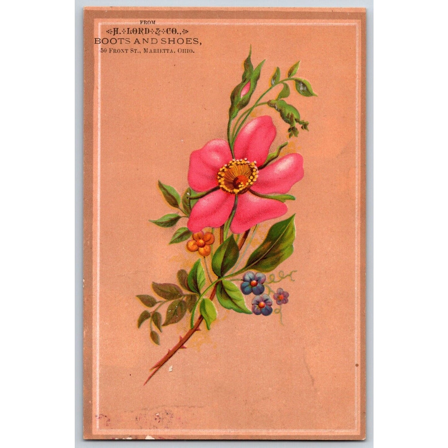 Marietta, OH H. Lord & Co. Victorian Trade Card Boots and Shoes 50 Front Street
