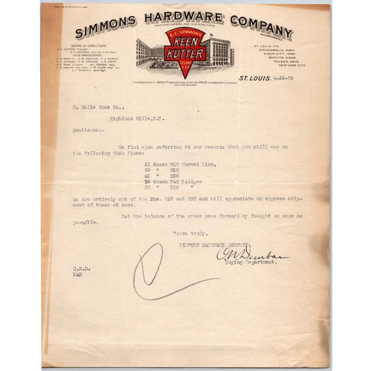 Keen Kutter Simmons Hardware Co. St. Louis 1909 Letterhead - Henry Hall Rods