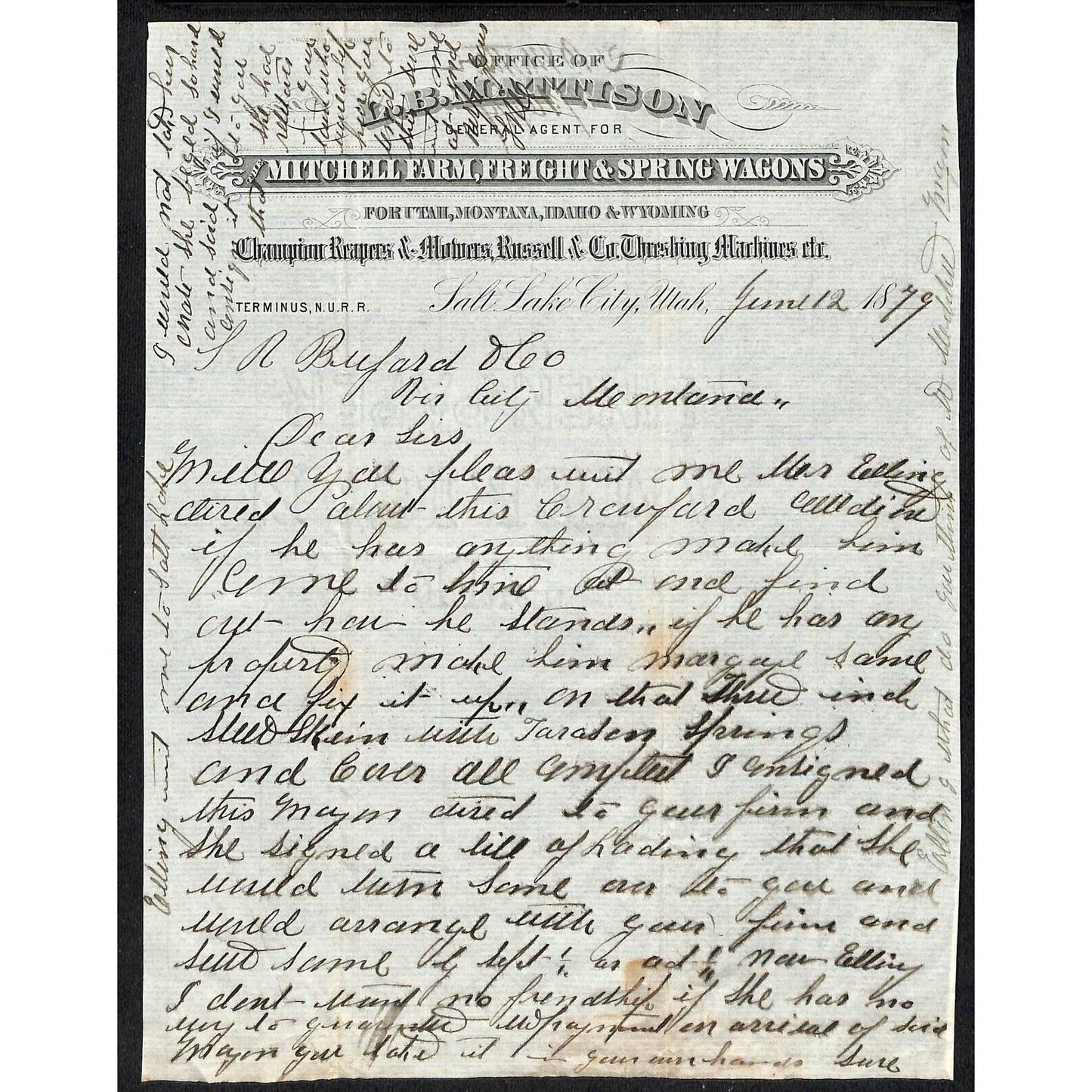 L.B. Mattison Farm Freight Spring Wagon Salt Lake City 1879 Letterhead Buford*