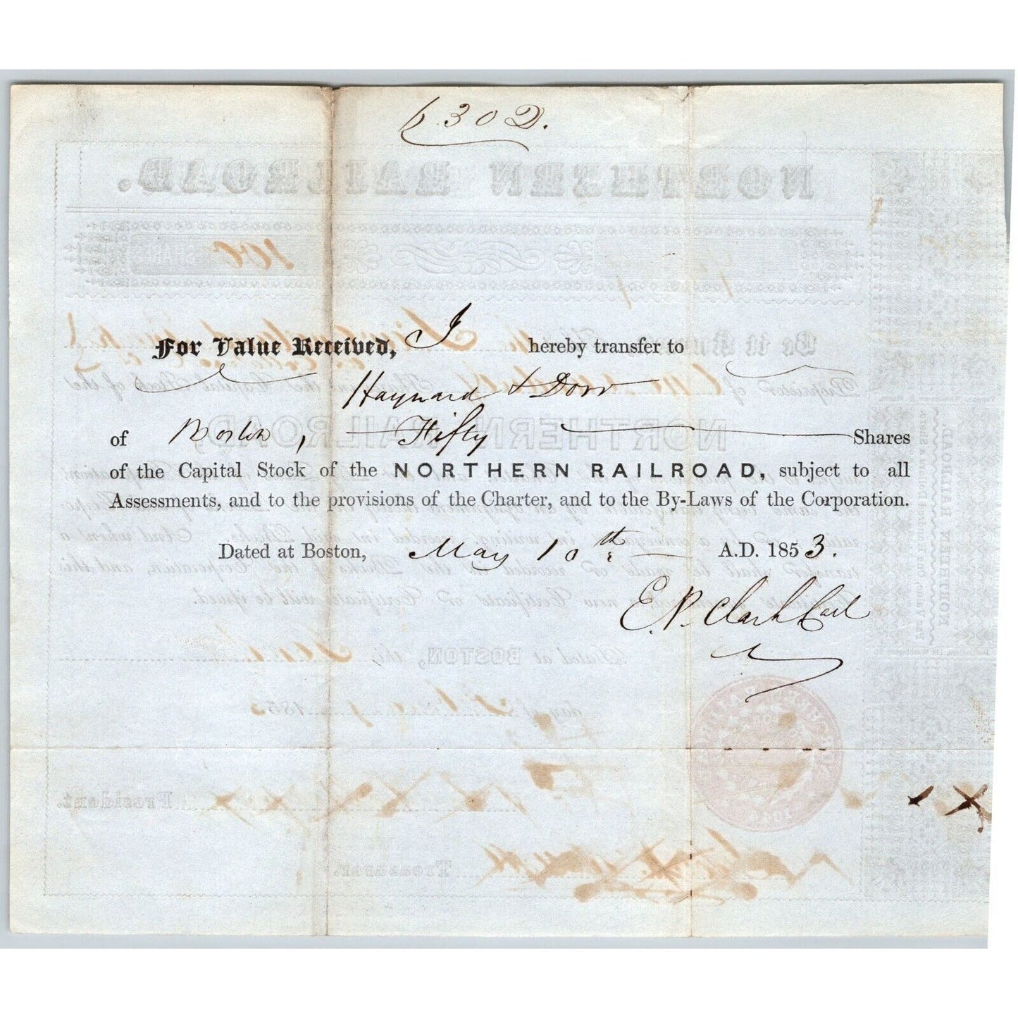 1853 Boston, MA Northern Railroad Stock Certificate No. 9449 for 100 Shares