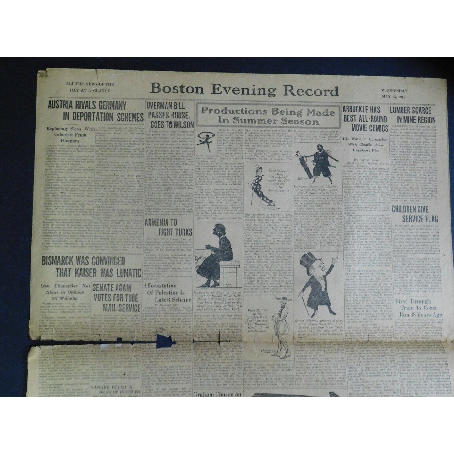 WWI Era Newspaper - Boston Evening Post - May 15 1918 - 4 pgs.