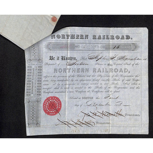 1850 Northern Railroad Stock Certificate w/ Power Attorney Doc. & ALS Transfer