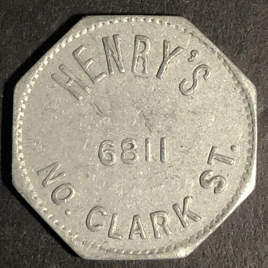 Henry's 6811 No. Clark St (Chicago) Alum G/F 5c Trade Token Hexagon -- 23mm