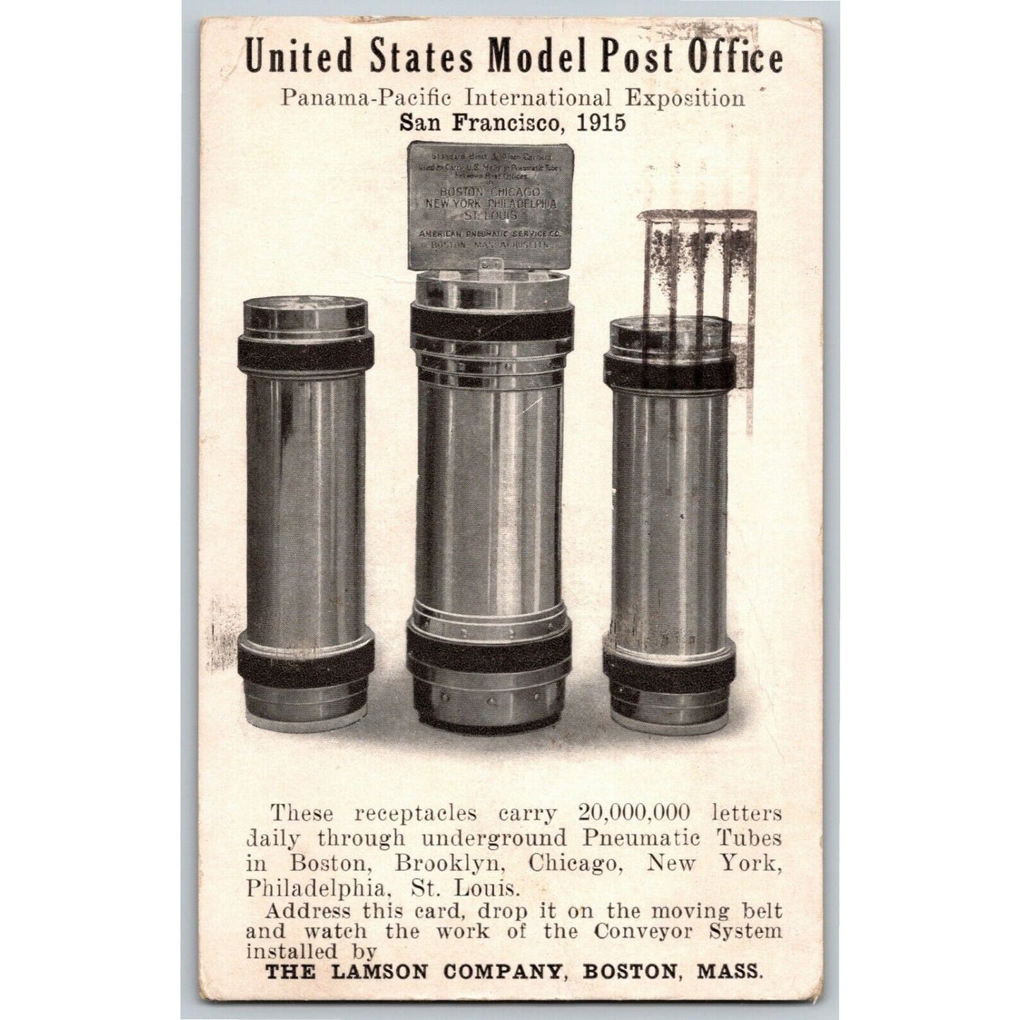 Vintage 1915 Pan Pacific Exposition San Francisco Postcard "USPS Postal Tubes"