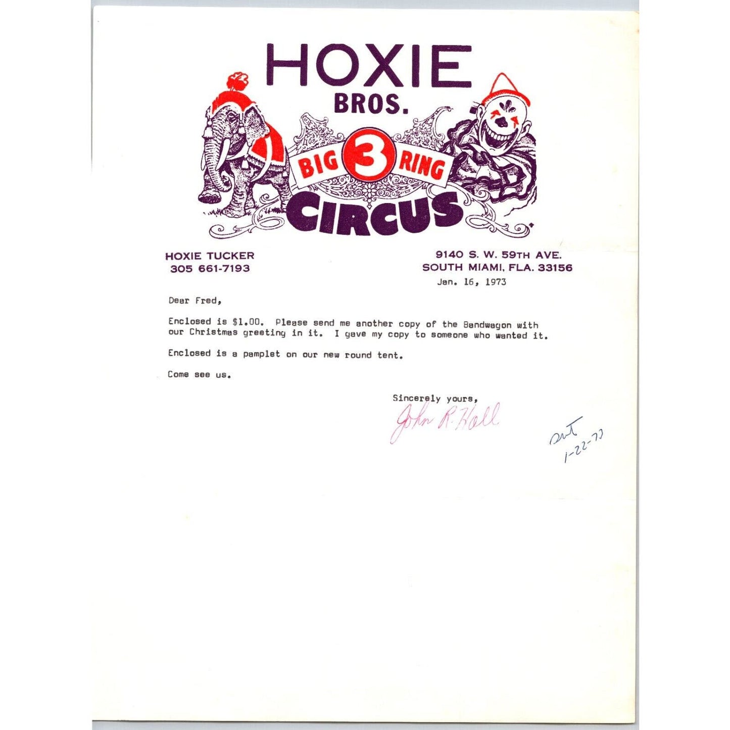 Hoxie Bros Big 3 Ring Circus Letterhead 1973 Elephant Clown Scarce