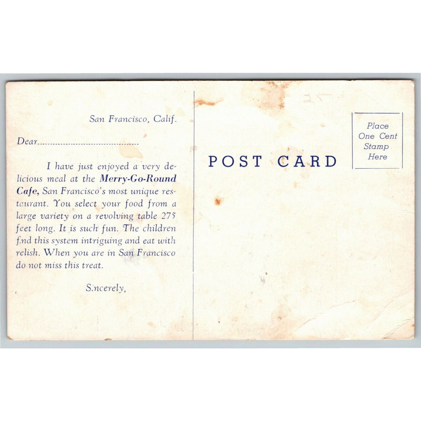 Vintage Postcard Merry-Go-Round Cafe San Francisco "Fresh Coffee Every 10 Mins"