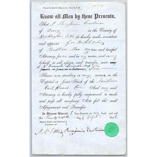 1846 Boston MA Power of Attorney re: Northern Railroad Stock Benjamin Eastman