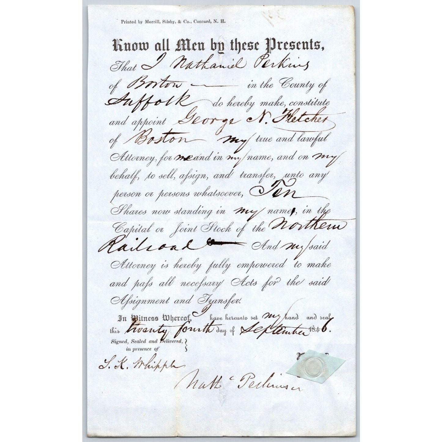 1846 Boston MA Power of Attorney re: Northern Railroad Stock Nathanial Perkins