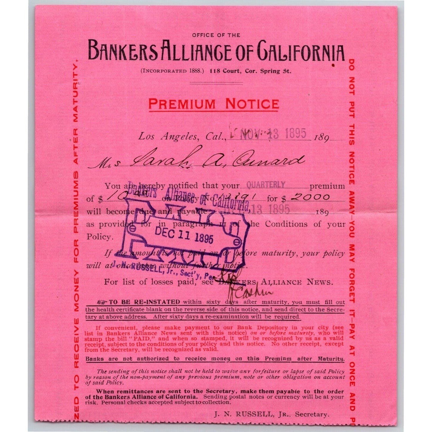 1895 Ex Civil War Soldier Document - Bankers Alliance Life Ins. Premium Notice