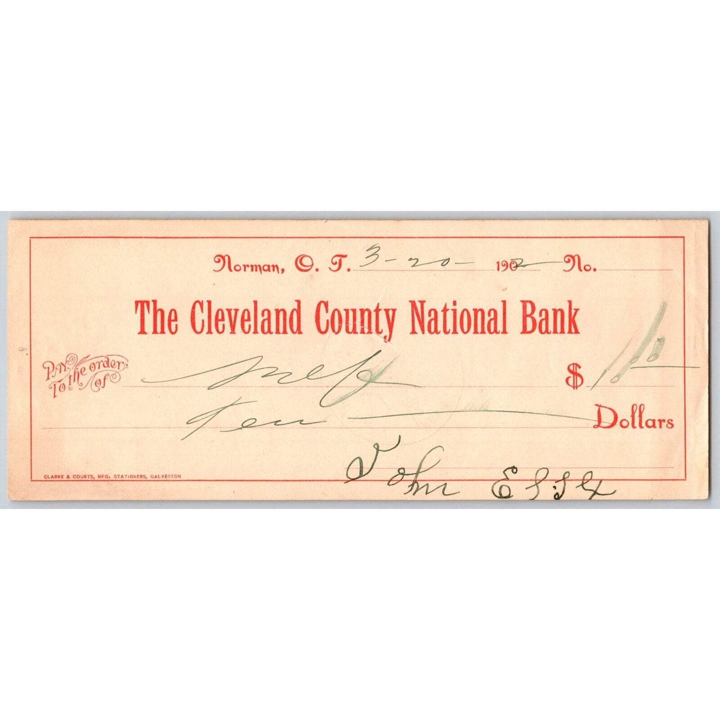 Norman, Oklahoma Territory 1902 $10 Cleveland County National Bank Check Scarce