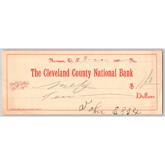 Norman, Oklahoma Territory 1902 $10 Cleveland County National Bank Check Scarce