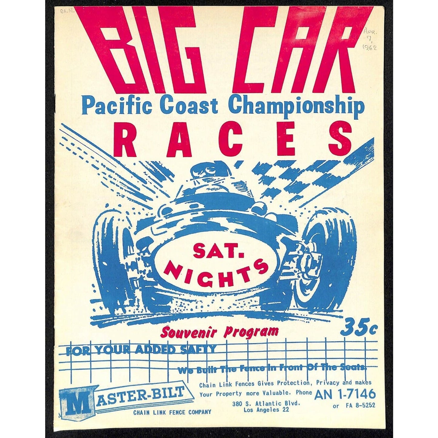 Scarce Apr 7 1962 CRA Big Car Racing Program Ascot Pacific Coast Championship