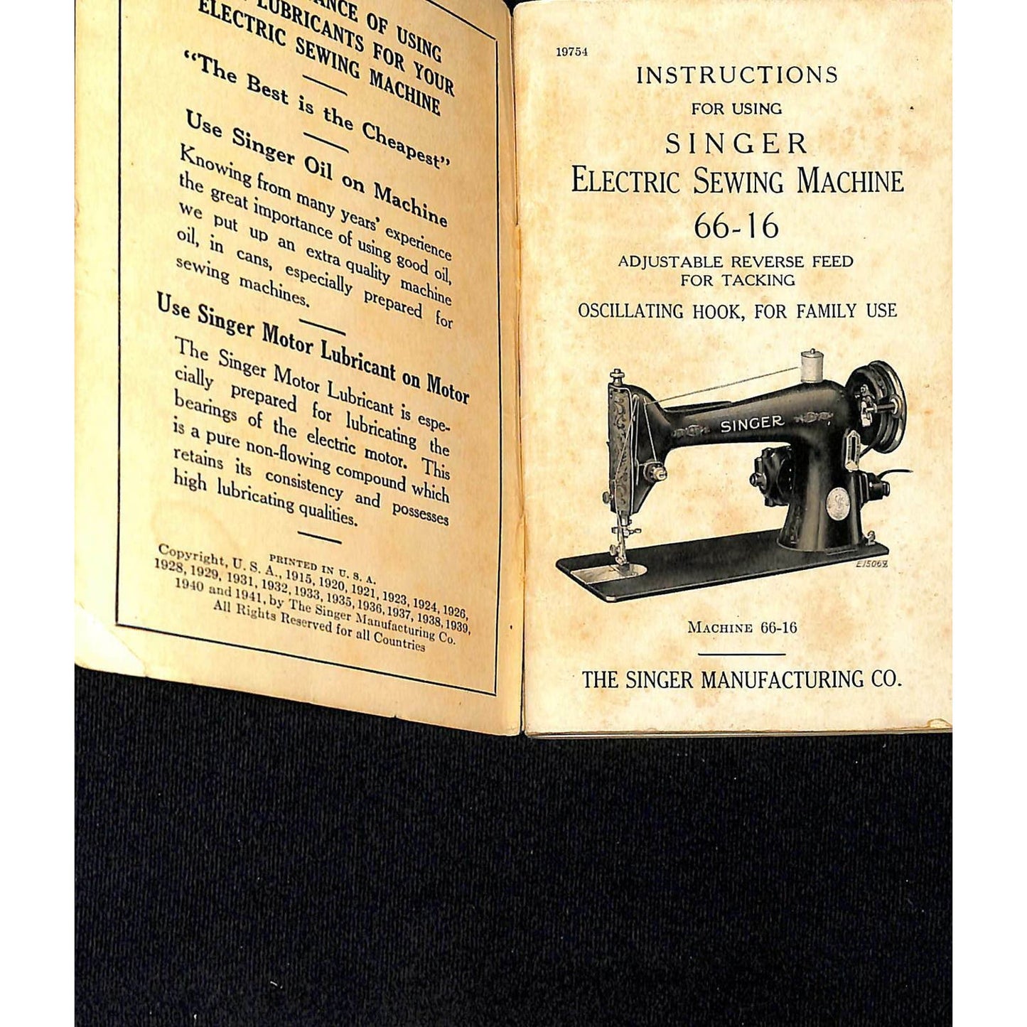 c1941 Singer Sewing Machine Instruction Booklet for Model 66-16 64pp