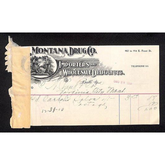 Montana Drug Company Importers Wholesale Druggists 1900 Billhead Miners Vignette
