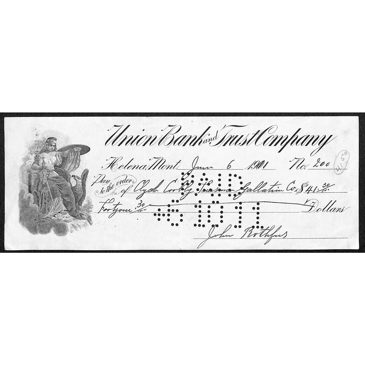 Helena Montana Union Bank and Trust Co 1911 Check w/ Woman Sword Vignette