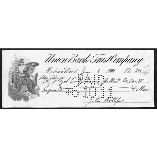 Helena Montana Union Bank and Trust Co 1911 Check w/ Woman Sword Vignette