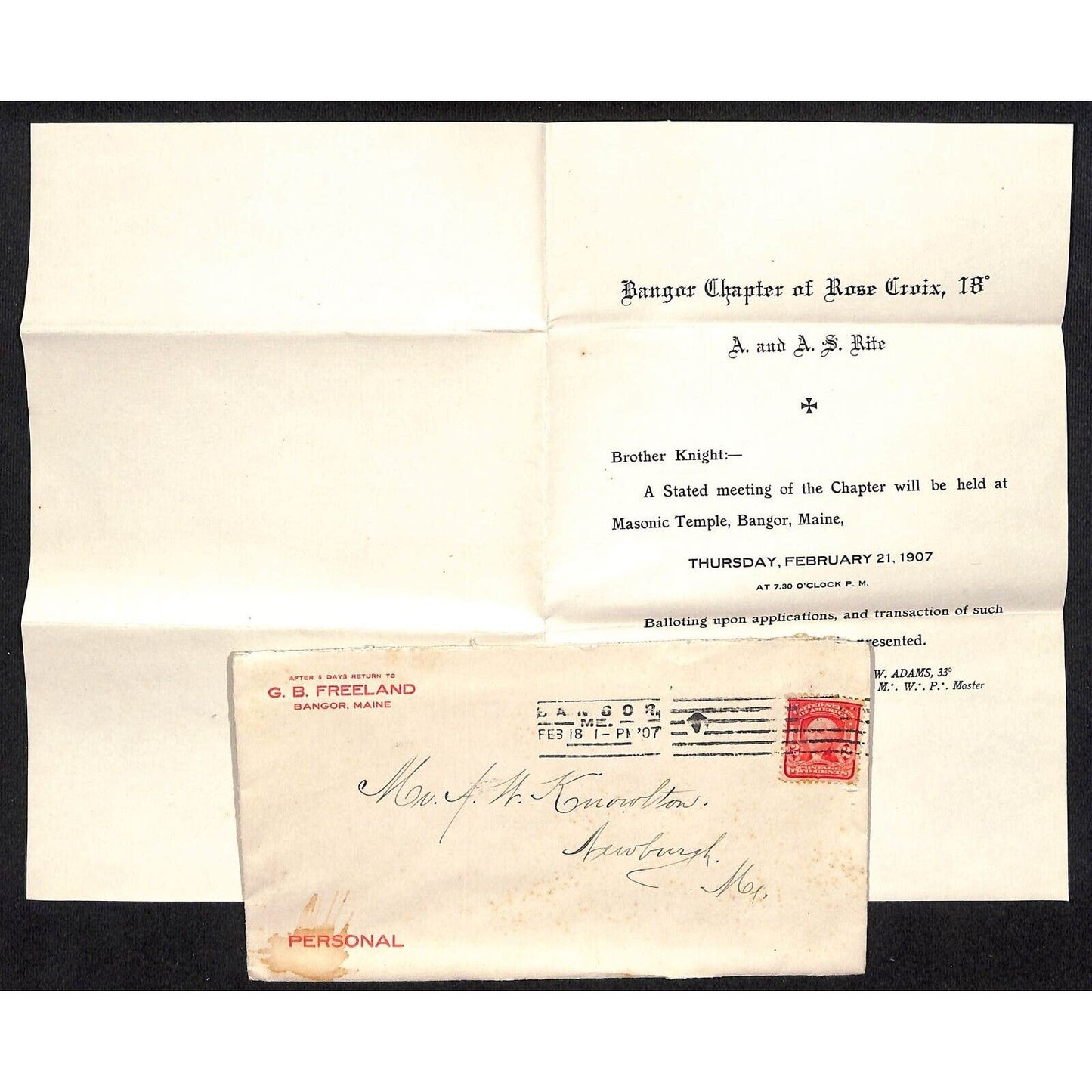 Newburgh ME Amos W. Knowlton* 1907 Bangor Chapter of Rose Croix Meeting Notice